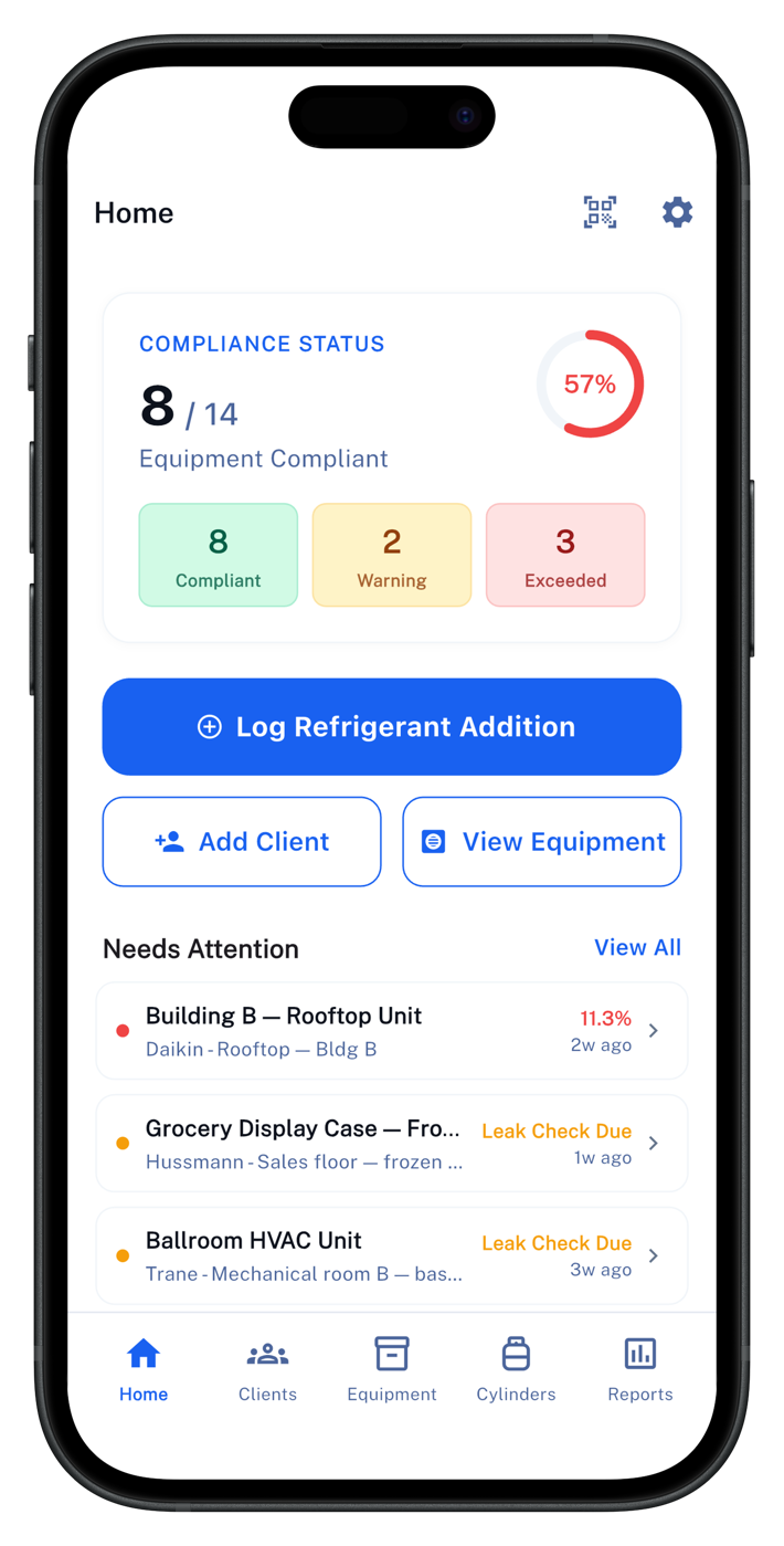 LeakRate EPA Section 608 compliance dashboard showing refrigerant leak rate status for HVAC equipment