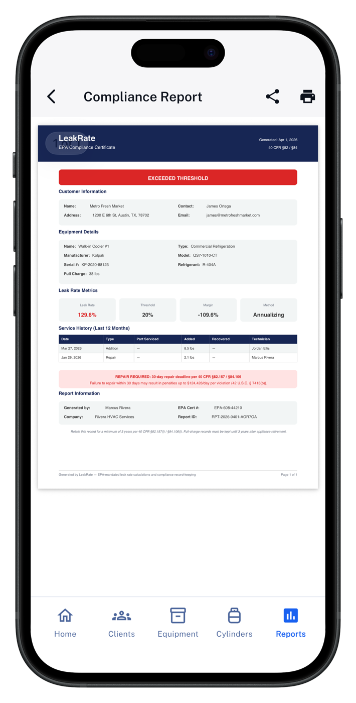 LeakRate audit-ready PDF compliance report for EPA Section 608 refrigerant leak rate documentation